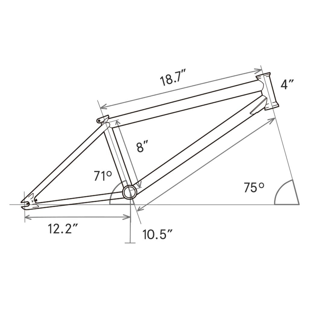 Diagram of the Fly Bikes Sierra 18 Inch Frame: top tube 18.7", seat tube 8", head tube 4", seat tube angle 71°, head tube angle 75°, base lengths of 12.2" and 10.5". Sergio Layos signature design.