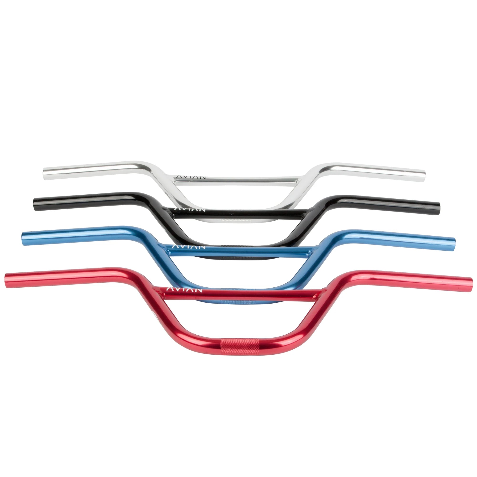 Four Avian Alloy Race Bars 6.5 Inch for expert/XL race bikes are stacked horizontally in silver, black, blue, and red against a white background, each with a 26-inch width.