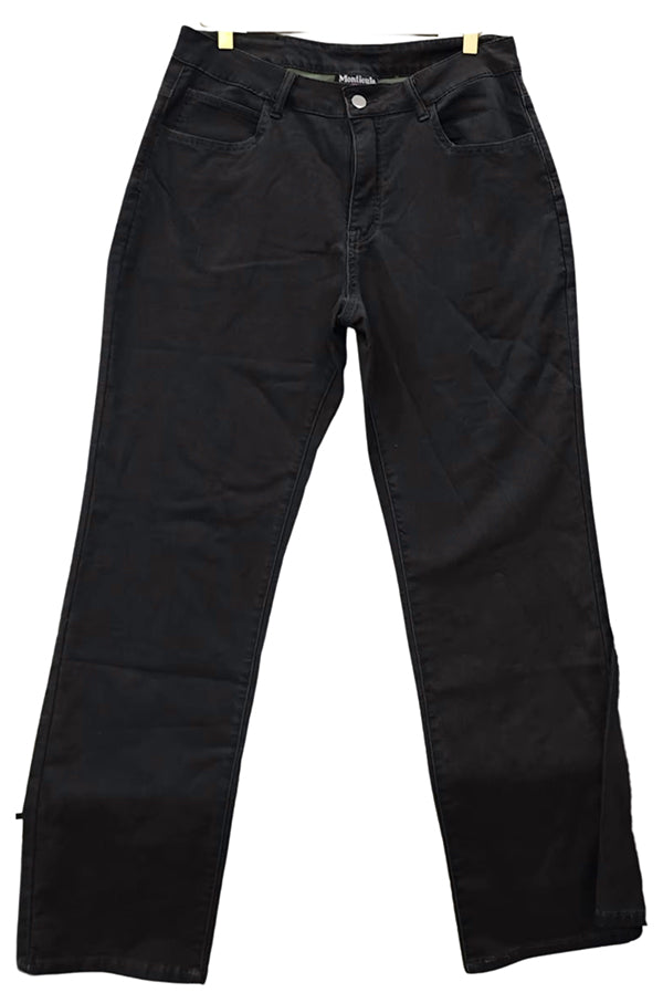 The Monticule Garret Reynolds Sig Pants are black straight-leg jeans crafted from durable, flexible fabric, shown laid flat on a white background.