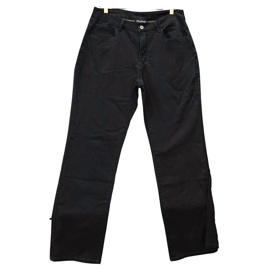 The Monticule Garret Reynolds Sig Pants are black straight-leg jeans crafted from durable, flexible fabric, shown laid flat on a white background.