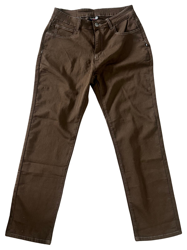 The Monticule Garret Reynolds Sig Pants are brown straight-leg BMX pants with front and back pockets, made from durable, flexible fabric and shown on a white background.