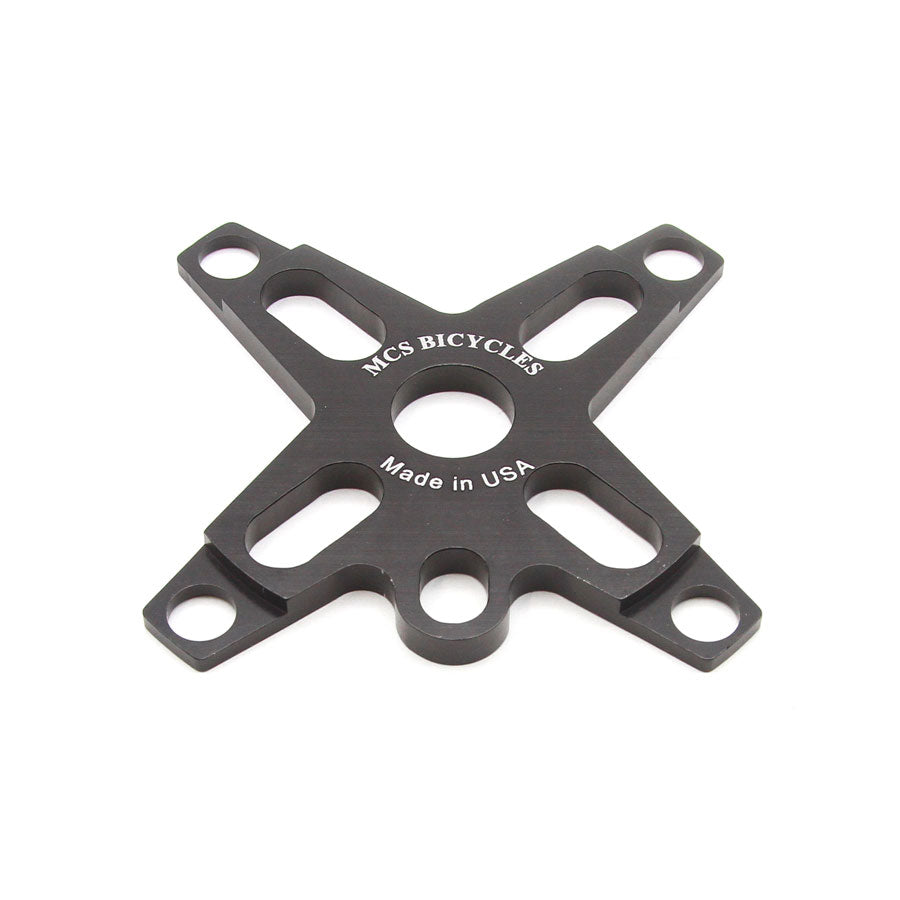 A black aluminum alloy plate with four holes designed for MCS 104 BCD 4 Bolt Spider attachment, commonly used in BMX bikes.