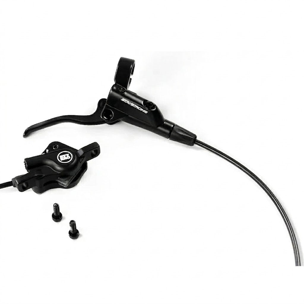 Stay Strong Disc Brake Kit 120mm, featuring brake lever, caliper, hose, mounting bolts, and 120mm rotor for enhanced traction control—shown on a white background.