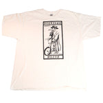 The Nothing's Wrong Plague T-Shirt is a hand-printed white tee featuring a black graphic of a cloaked man in a hat on a unicycle, with the text "NOTHING'S WRONG" and "MMXXV.