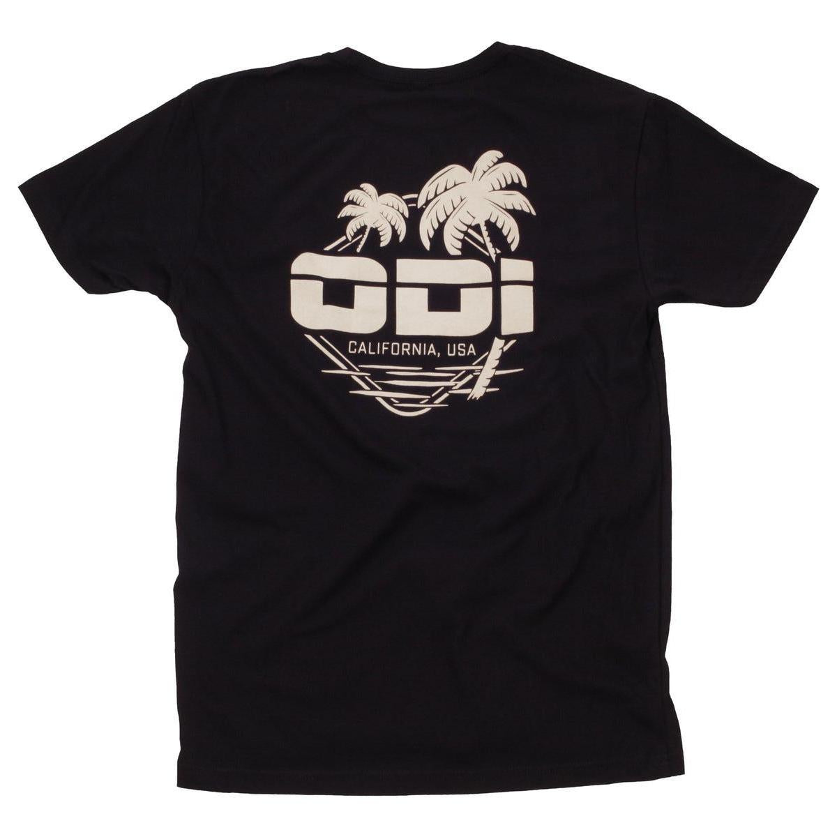 The ODI California T-Shirt is an ultra-soft black tee featuring a white palm tree design and the text "California, USA" and "ODI Riders" on the back.