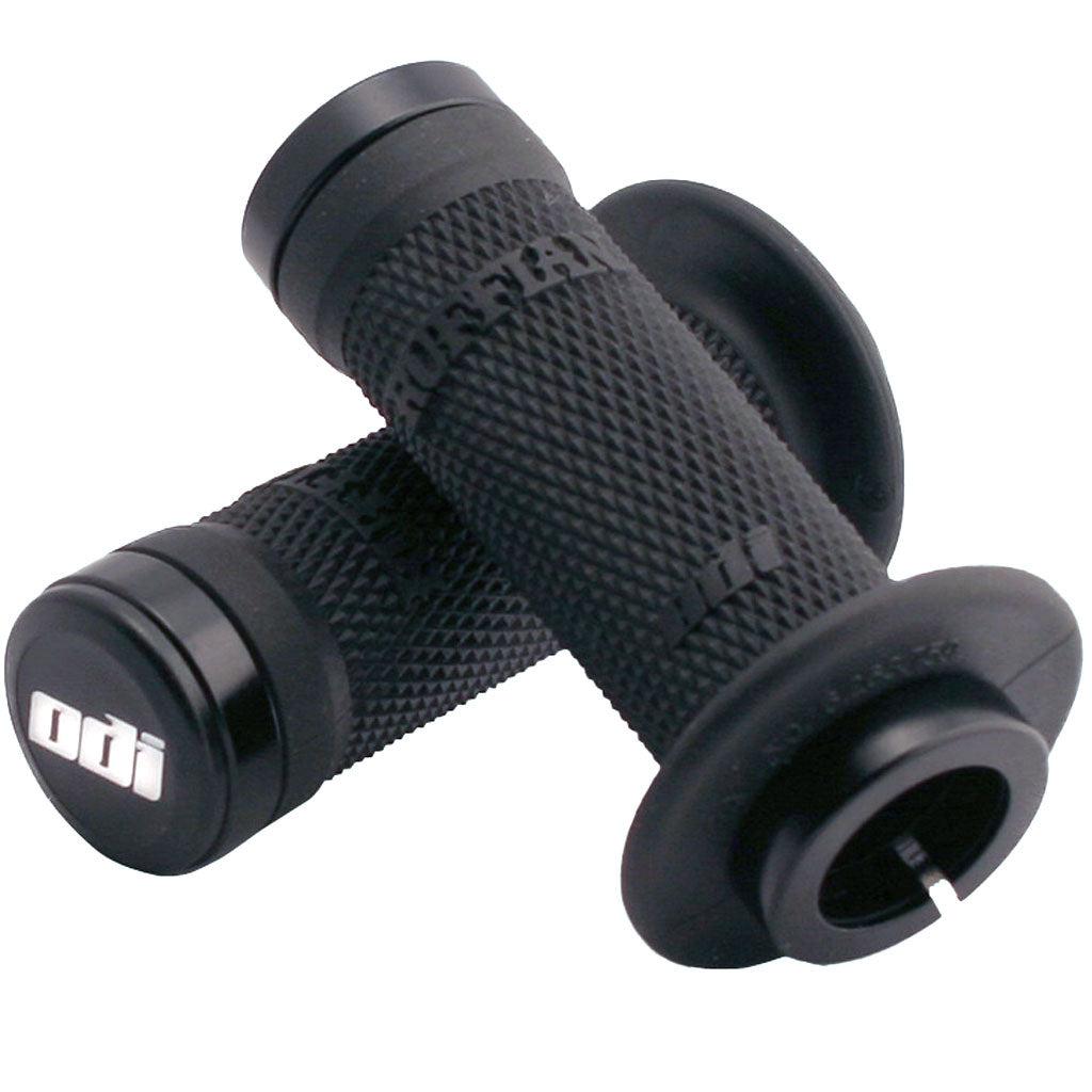 A pair of ODI Ruffian BMX Mini Grips with a diamondized pattern and end caps, isolated on a white background.