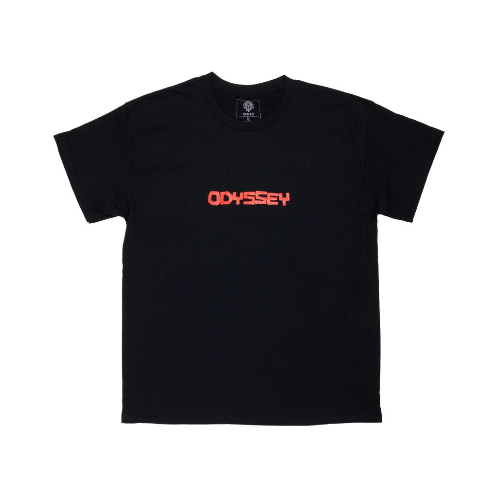 The Odyssey Anatomy T-Shirt is a plain black BMX tee with "ODYSSEY" in bold red block letters printed across the chest.