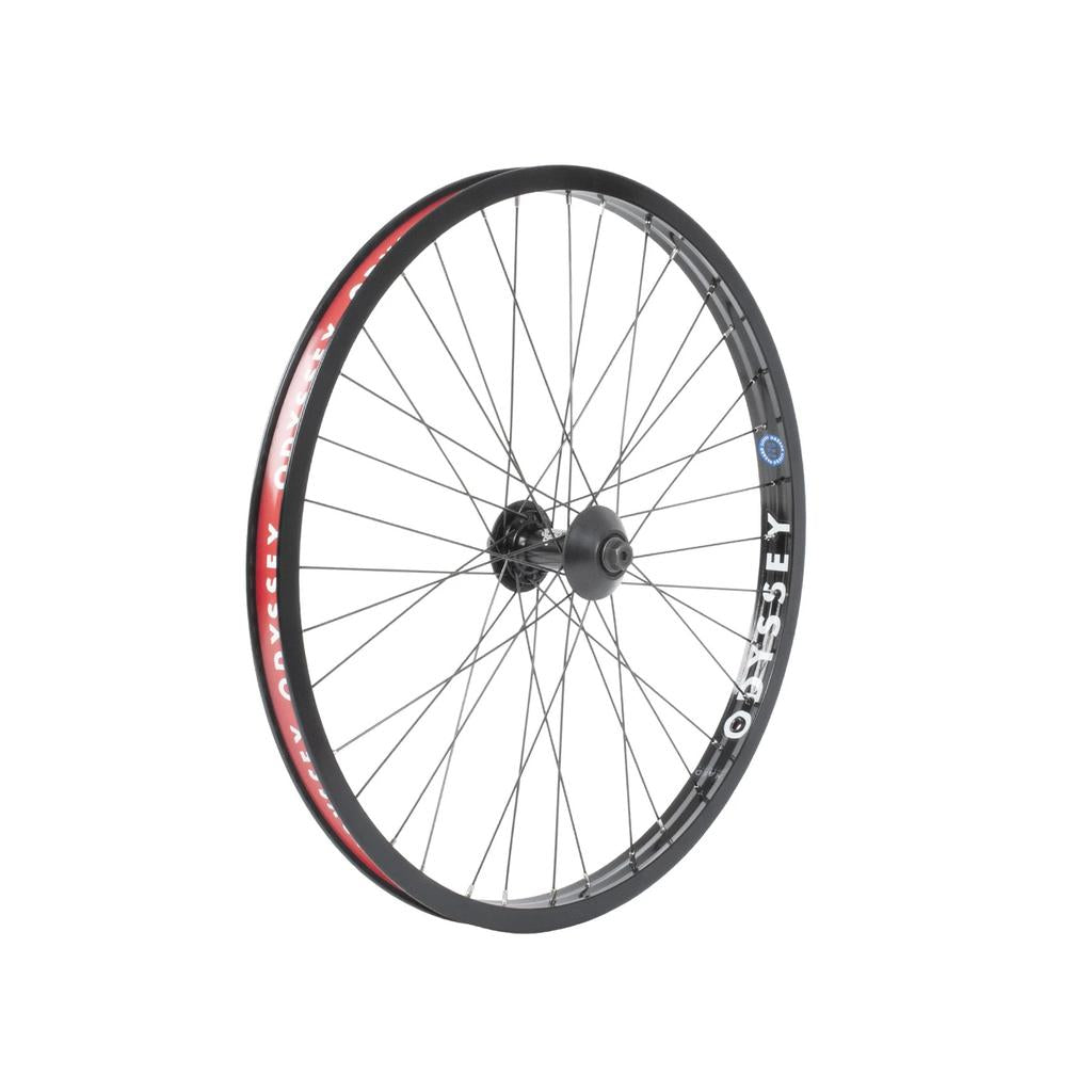 The Odyssey C5/Hazard Front 24 Inch Wheel features a black rim with silver spokes, a central C5 hub with sealed cartridge bearings, and "Odyssey" branding on the Hazard Lite rim.