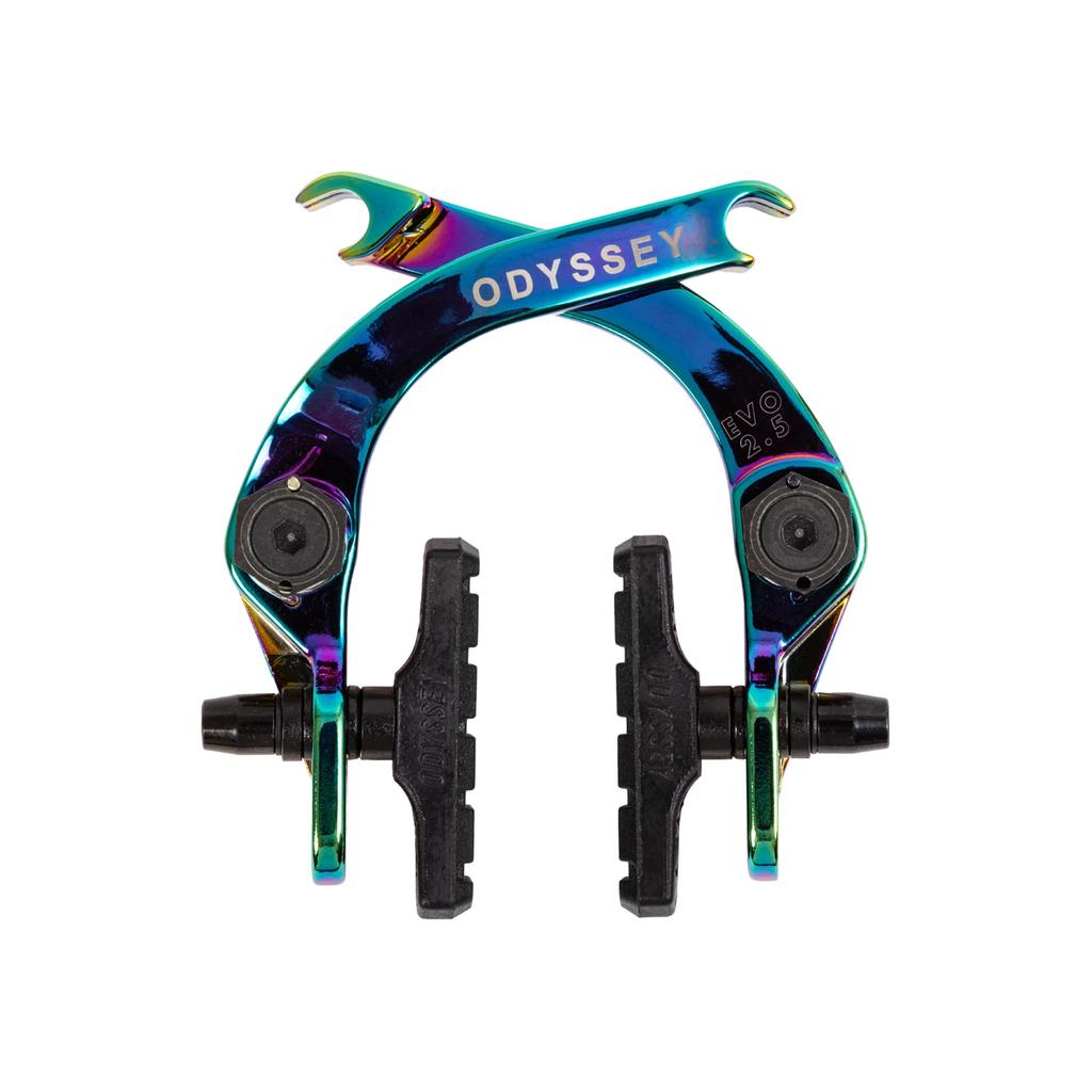 A close-up of Odyssey Evo 2.5 Brakes in an iridescent finish, showcasing modular hardware, the signature Odyssey straddle cable, and included brake arms and pads.