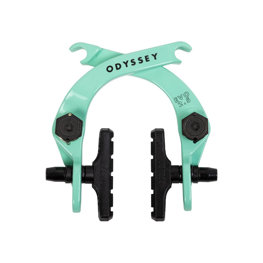 A mint green Odyssey Evo 2.5 Brakes caliper with modular hardware, black pads, and bolts displayed against a white background.