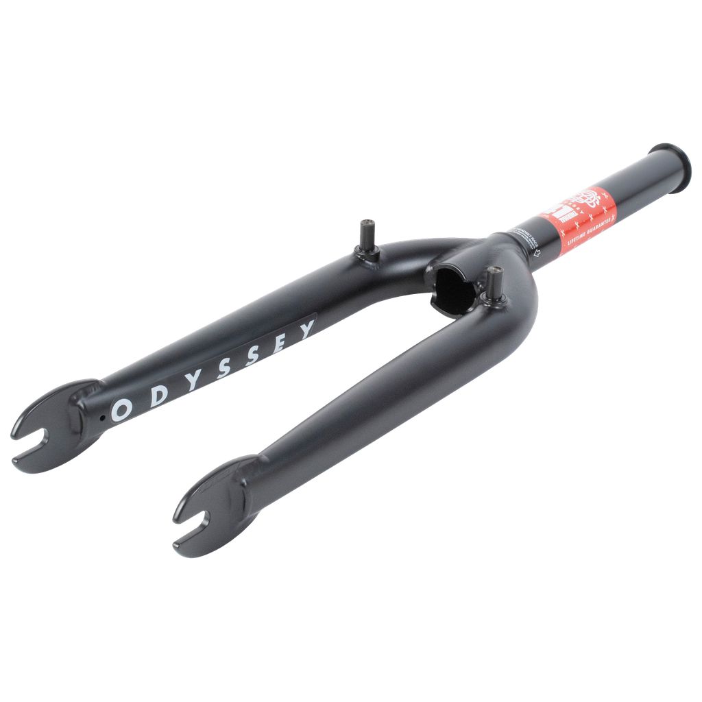 The Black Odyssey F-Zero Flatland Forks features "Odyssey" elegantly printed on the side and includes two chromoly prongs and a steerer tube for seamless bike frame attachment, with a distinctive red label on the steerer tube.