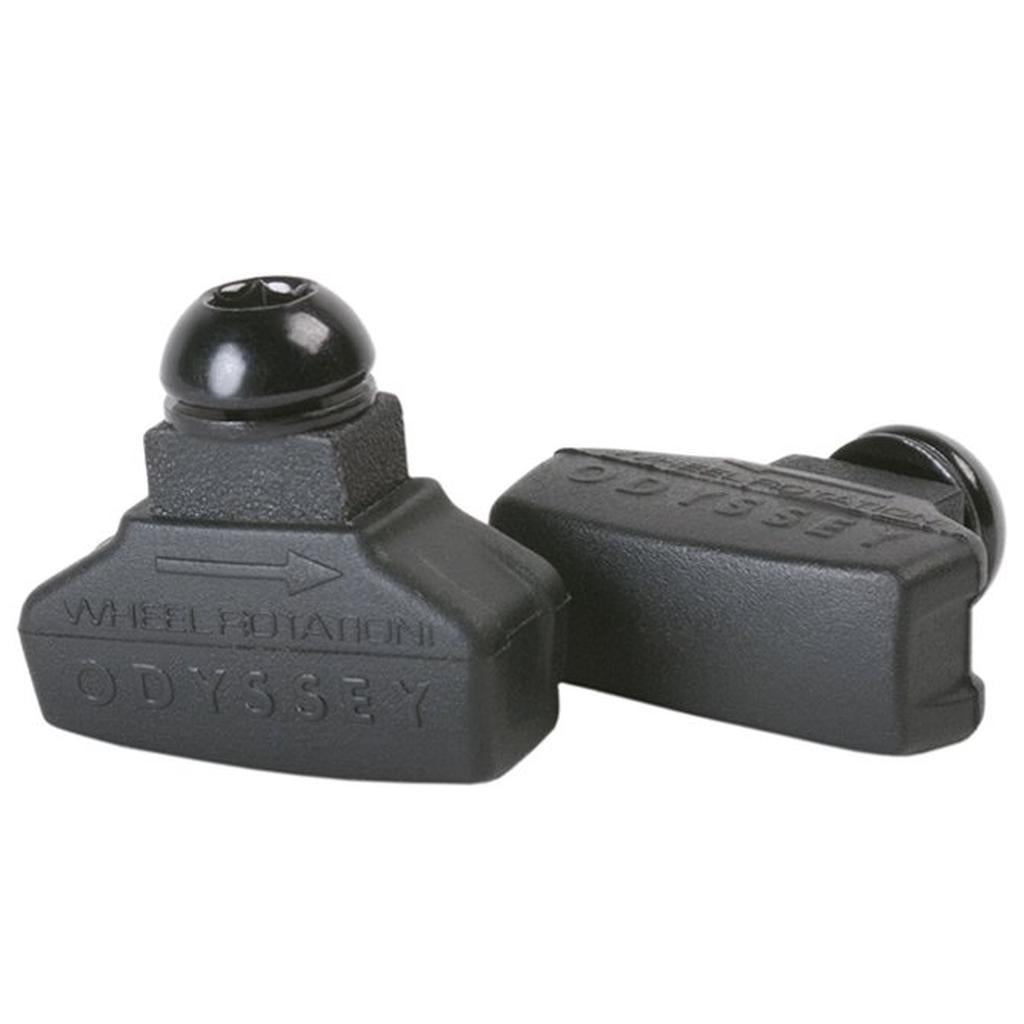 Featuring an imprinted brand name and a directional arrow for wheel rotation, two black Odyssey Ghost Pads ensure correct brake installation. Ideal for optimal performance, they complement any aluminum frame bicycle setup perfectly.