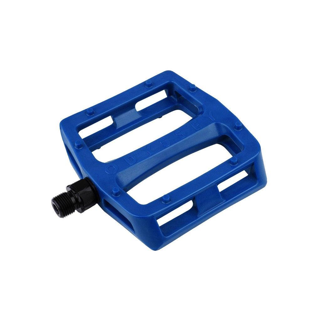 An Odyssey Grandstand V2 Nylon Pedal (Tom Dugan) with a slim profile and a blue color.