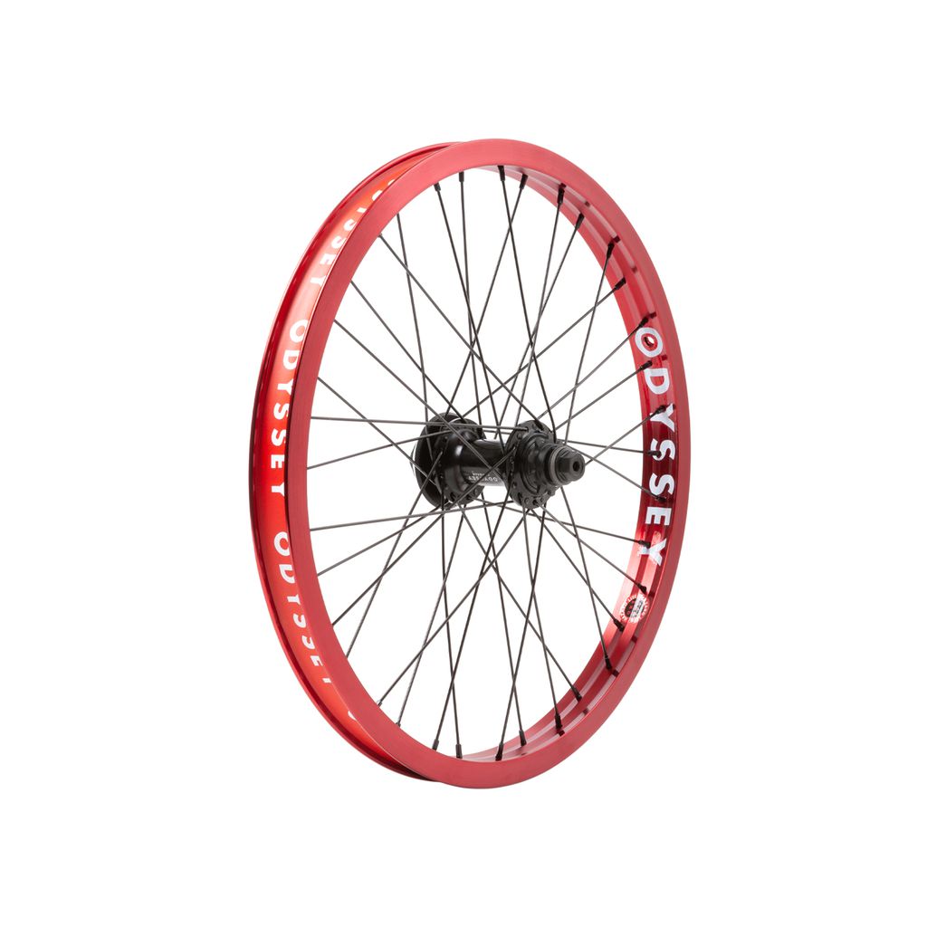 The Odyssey Hazard/Antigram V2 Rear Wheel features a red rim with black spokes and an Antigram hub, branded "Odyssey" on the Hazard Lite rims.