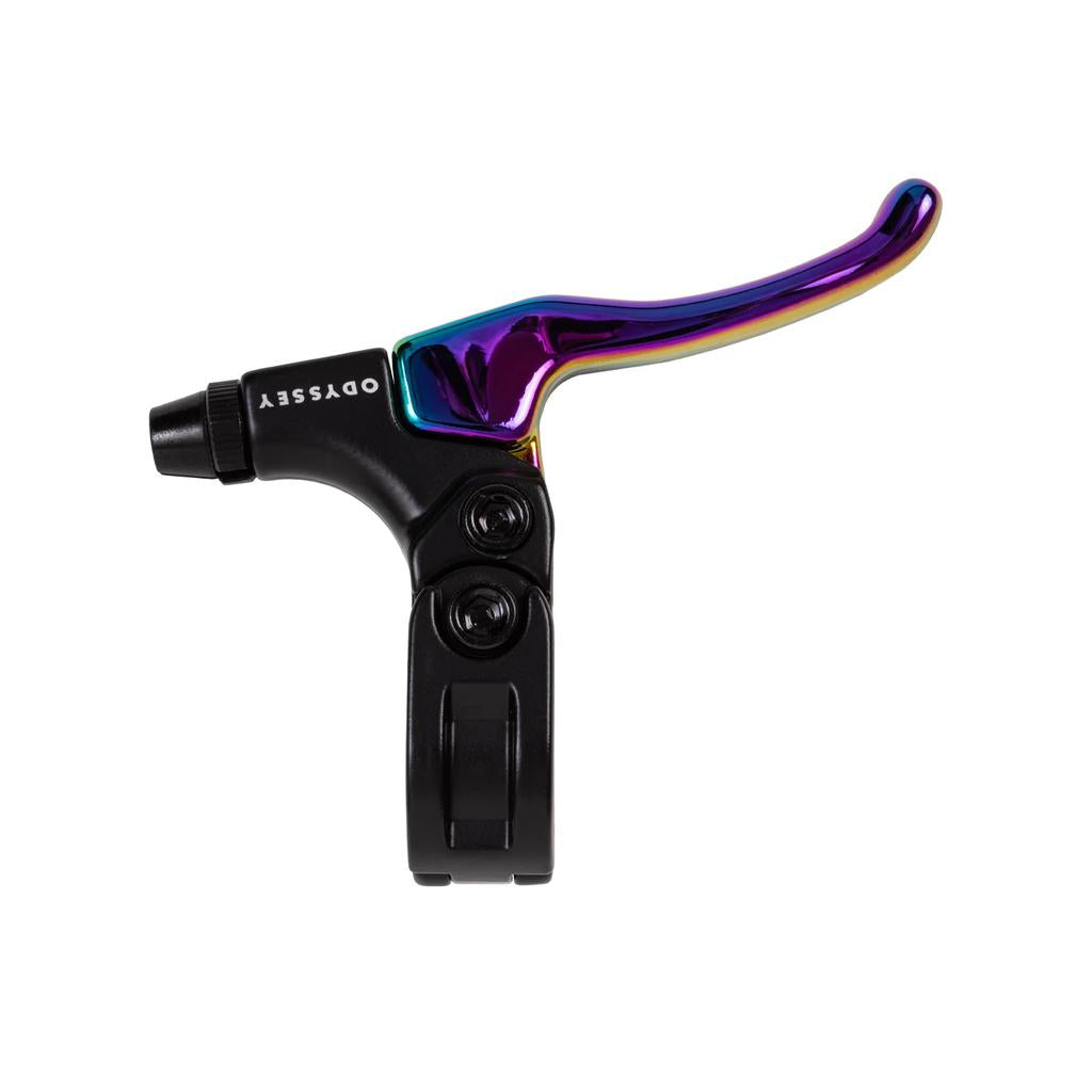 The Odyssey Monolever Medium Lever features a black base and a metallic rainbow-colored lever arm, shown against a white background. Popular with pro riders, it's designed to pair perfectly with Evo 2 brake setups.