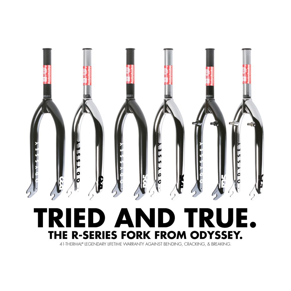 Image of six Odyssey R25 Forks in sleek 4130 chromoly steel with text: "Tried and True. The R25 Forks from Odyssey. 41-Thermal® Legendary Lifetime Warranty Against Bending, Cracking, & Breaking.