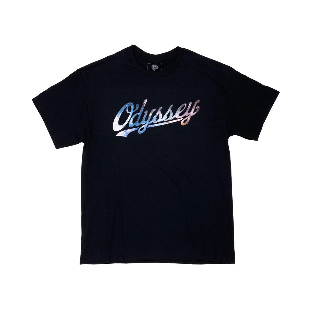 The Odyssey Slugger Galaxy T-Shirt features "Odyssey" in bold, stylized script with a galaxy-inspired gradient—ideal for those wanting a stylish tee with cosmic flair.