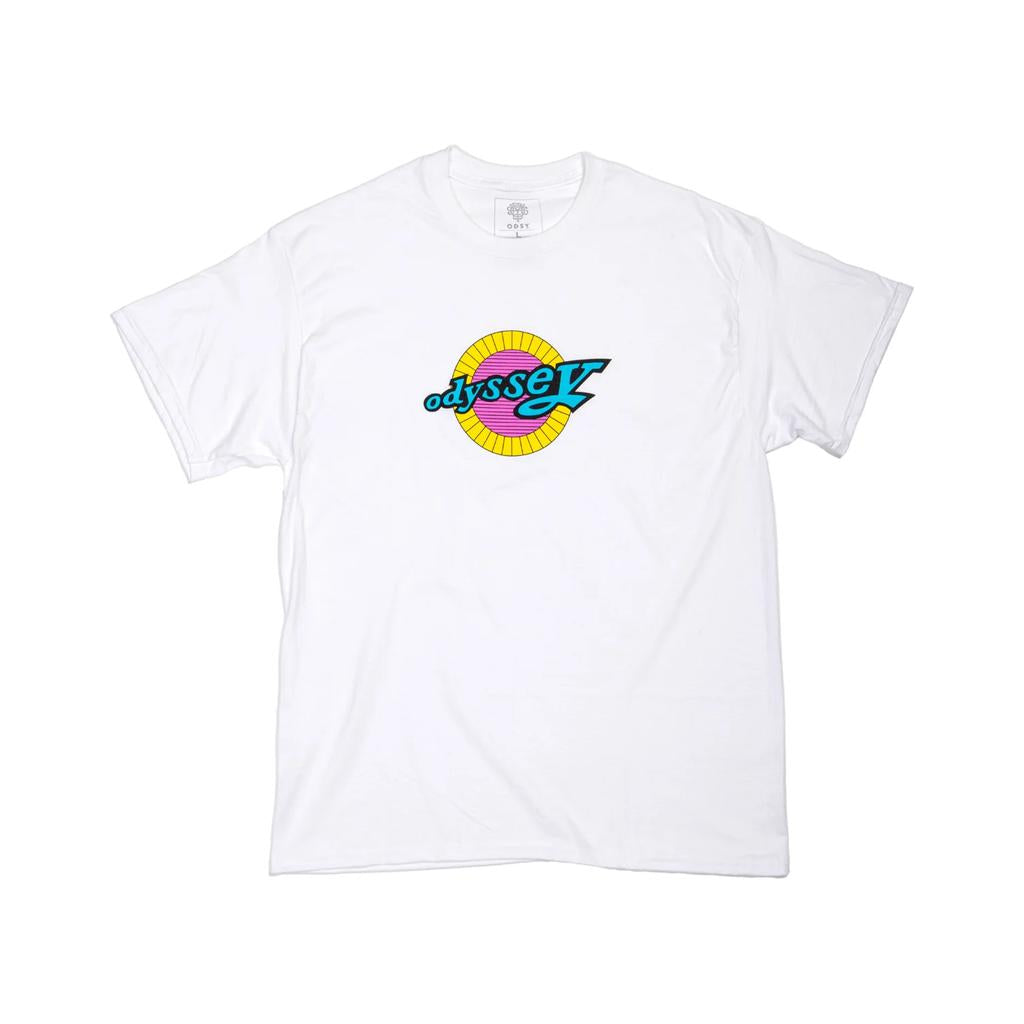 The Odyssey Super Retro T-Shirt features a vibrant logo graphic with yellow, blue, and pink details centered on the chest.