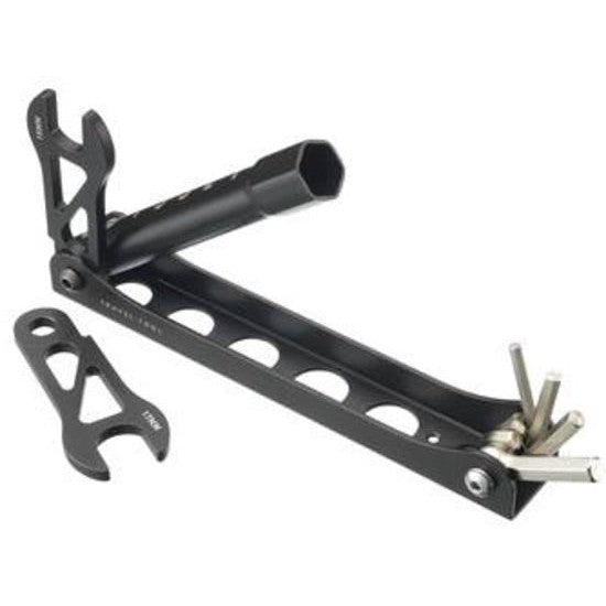 The Odyssey Travel Multi Tool, shown in black on a white background, includes various wrench sizes, hex keys, and a pedal wrench with a chain tool.