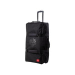 The Odyssey Traveler Pro Bike Bag, in large black, features wheels, retractable and side handles, plus an abstract logo—perfect for transporting freestyle BMX bikes.