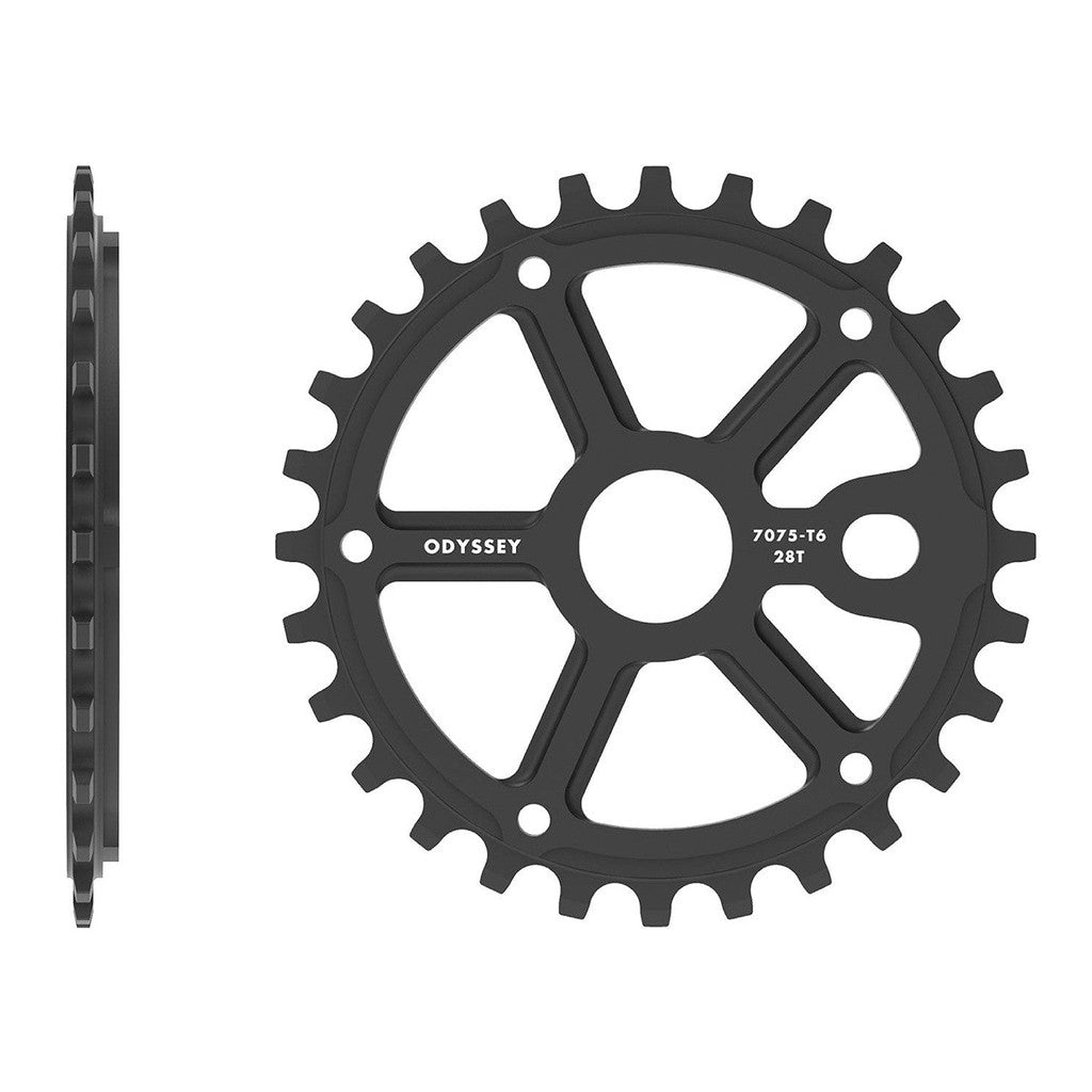 Front and side views of the black Odyssey Utility Pro Guard Sprocket for freestyle BMX, featuring 28 teeth and "7075-T6 28T" printed on the front.