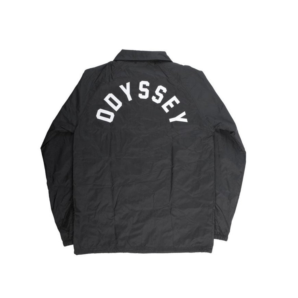 Black jacket with "Odyssey Varsity Coach Jacket" written in large white letters across the back.