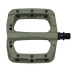 The HT PA03A Pedals are olive green flat pedals made from nylon reinforced composite with black metal pins, two large openings, sealed bearings, and a threaded axle for secure attachment.