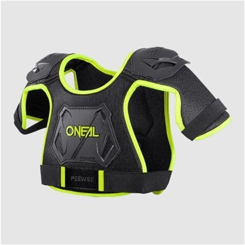 The Oneal Peewee Body Armour (Youth) is a black and neon yellow protective vest with shoulder pads, featuring the "O'NEAL PEEWEE Chest" logo on the front. Designed for youth sports safety, it provides superior upper body protection.