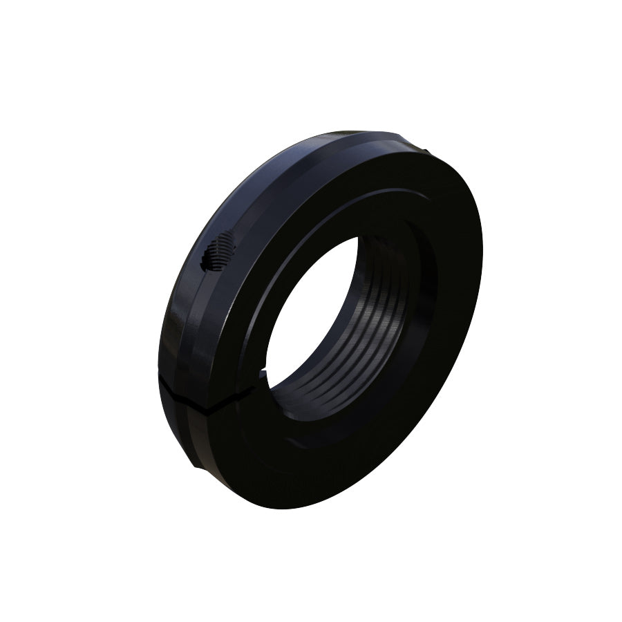 A black circular ring with a slit and textured inner surface, reminiscent of the precision found in Onyx Axle Locking Nuts, featuring a small hole on one side.