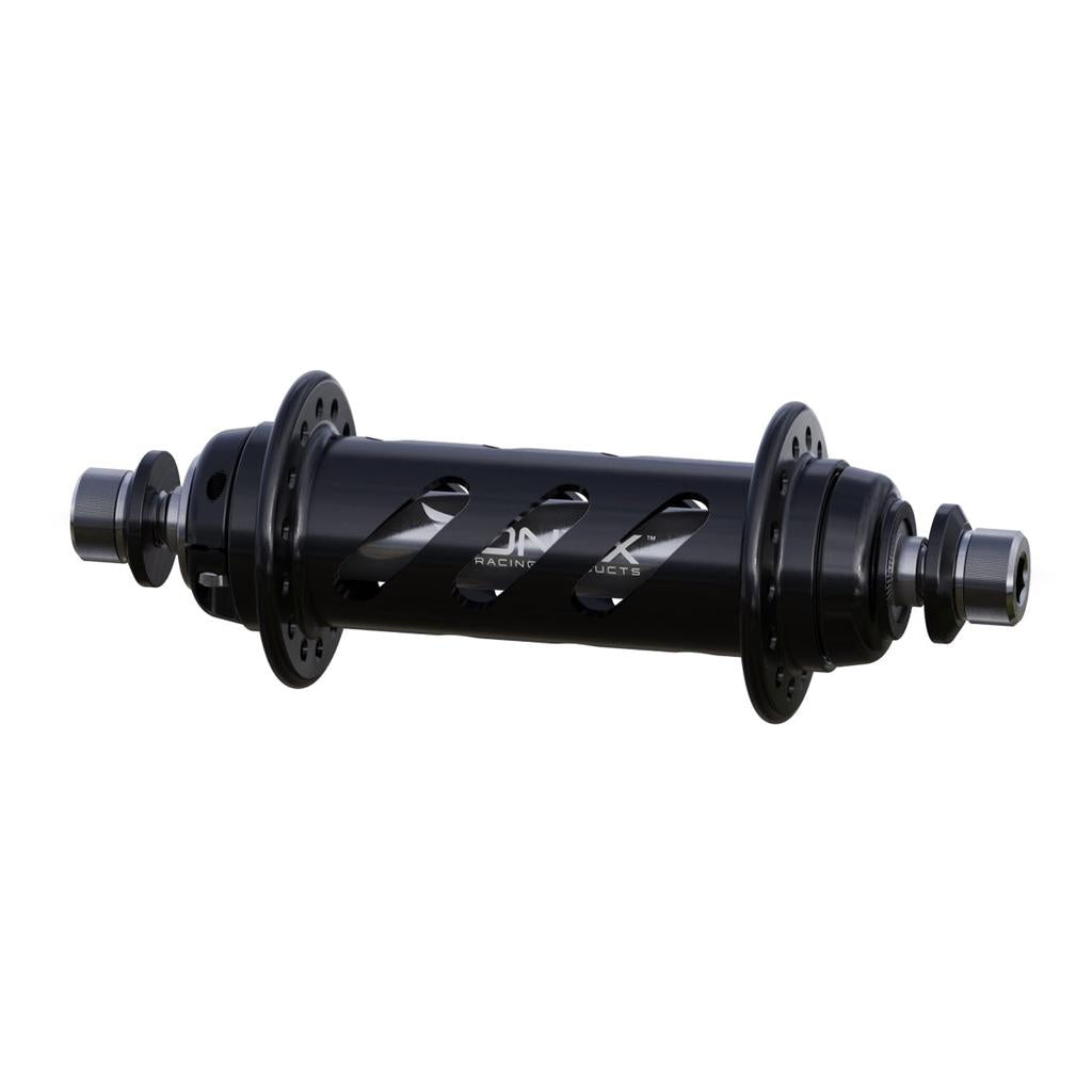 The Onyx BMX OHM 100/8mm Bolt-on Helix Front Hub features a black anodized finish, multiple spoke holes, cutout details, and titanium bolts—perfect for BMX racing—shown against a white background.