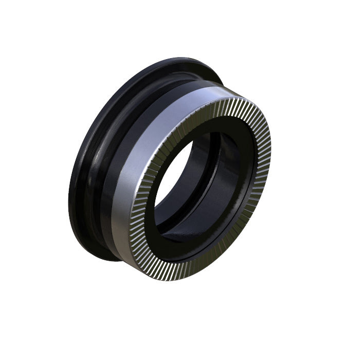 A cylindrical mechanical part with grooves, black and metallic in color, featuring an inner and outer ring, is the Onyx Ultra HG 15mm End Cap.