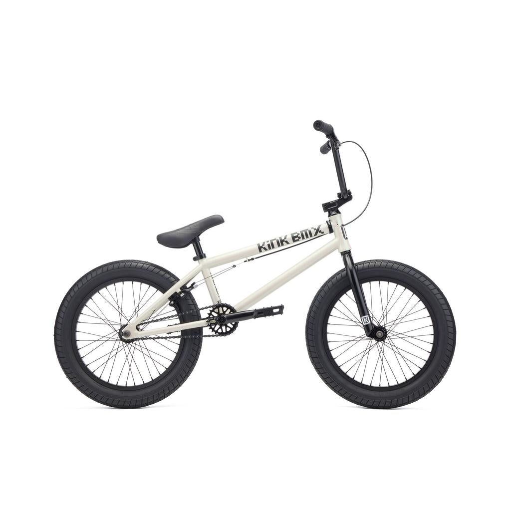 The Kink Kicker 18 Inch Bike (2027), a white kids BMX with black seat, handlebars, and tires, is displayed in side view against a plain background—ideal for those looking for an 18 inch BMX.