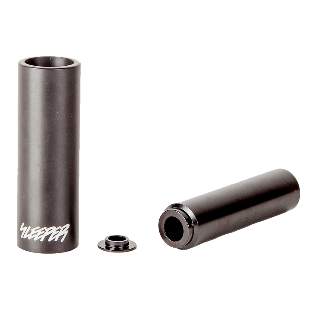 An image showcasing two black Fit Bike Co Sleeper Pegs, both made of lightweight cro-mo material for long-lasting durability.