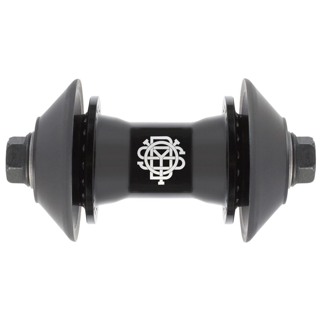 Close-up of the Odyssey Vandero Pro Front Hub with a white geometric logo and two black hub guards, shown against a plain white background.