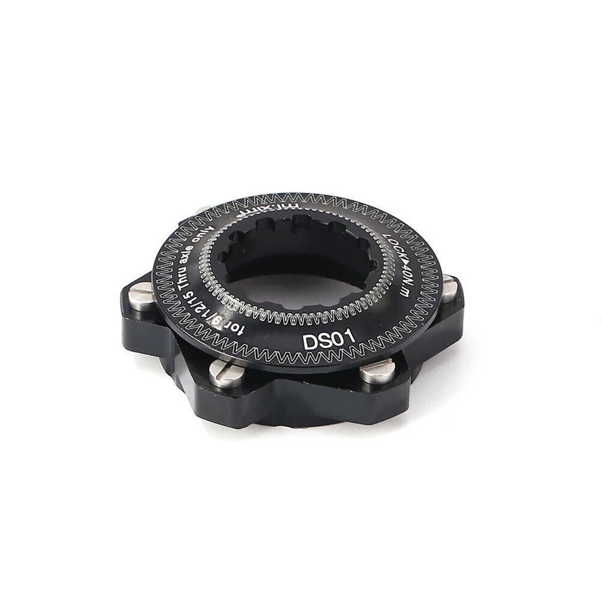 Close-up of a black metal gear or component with a toothed circular edge and four bolt holes, labeled "DS01" and other specifications. This *Position One Centerlock ISO Adapter Kit* is designed for secure fitting of 6 bolt rotors.