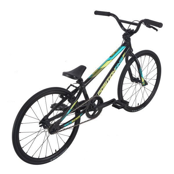 A black and blue Position One Junior Bike (2024) with an all aluminium frame on a white background.