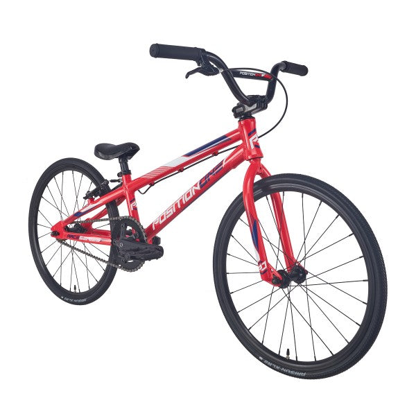 A red Position One Junior Bike (2024) with an all-aluminium frame on a white background.