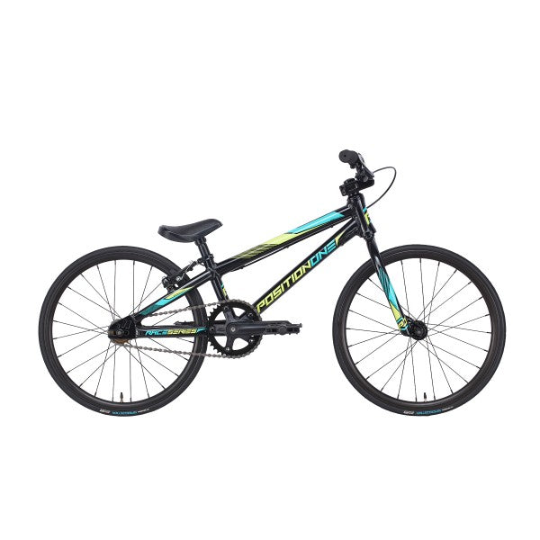 A black and blue Position One Micro 18 Bike (2024) on a white background, designed for speed.