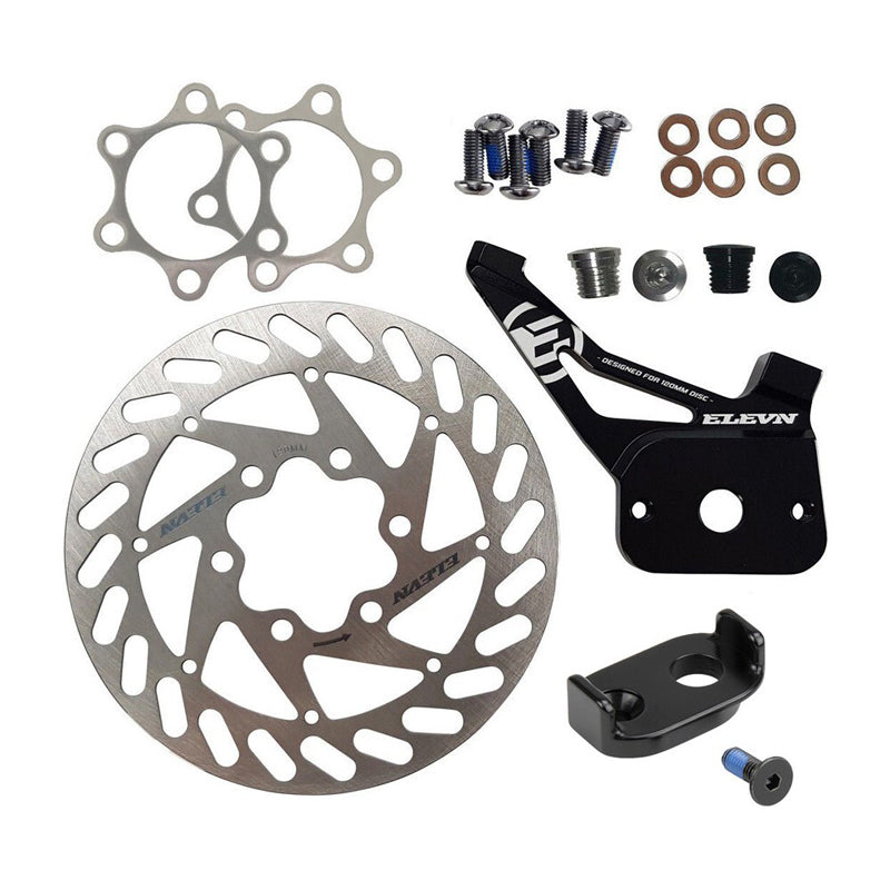 A set of brakes and parts, including Elevn Disc Brake Post Mount Kit (Chase RSP 5.0 Frame 10mm Axle), for a bicycle.