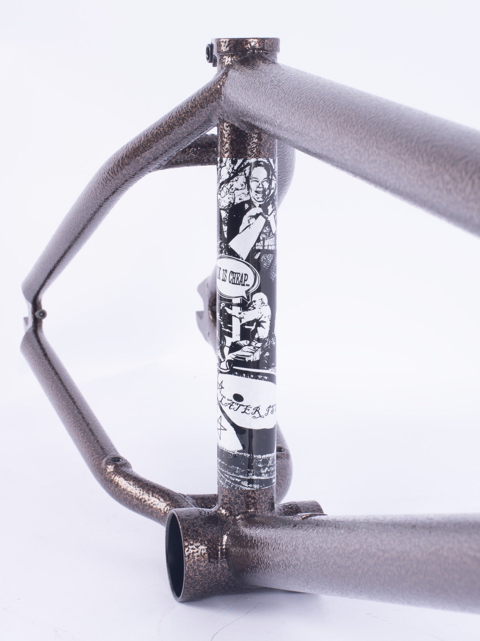 The Cult Walsh Frame (Preston Okert Signature) features a metal BMX frame with a rough, textured finish and black-and-white stickers on the head tube, inspired by Corey Walsh’s signature deep bowl bike. Set against a plain white background.
