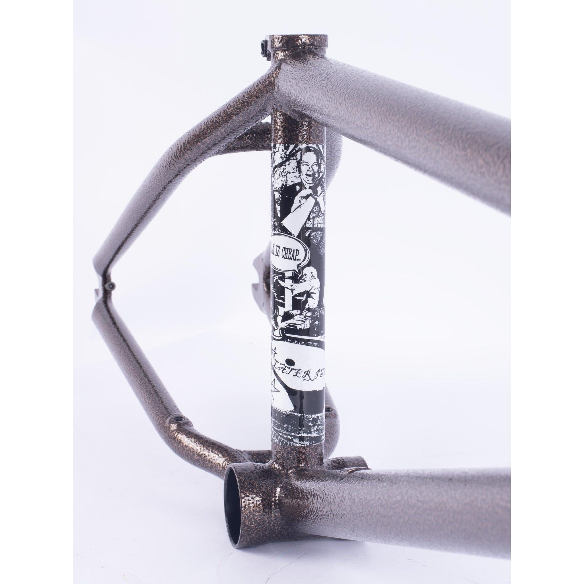 The Cult Walsh Frame (Preston Okert Signature) features a metal BMX frame with a rough, textured finish and black-and-white stickers on the head tube, inspired by Corey Walsh’s signature deep bowl bike. Set against a plain white background.