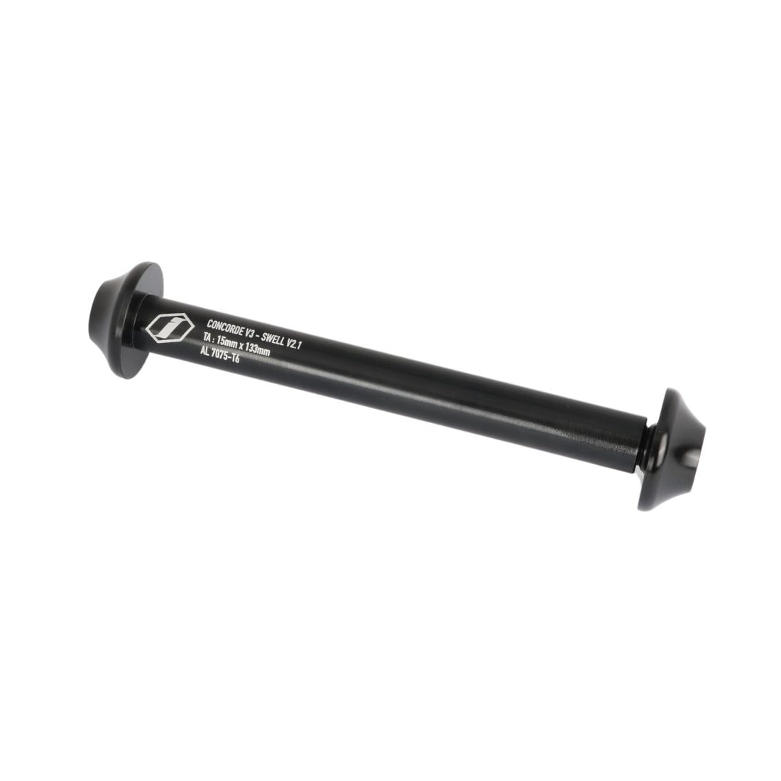 The Pride 15mm x 133mm Axle - Concorde v3 2025 is a black bicycle thru-axle with flared ends and white printed specs on the shaft.