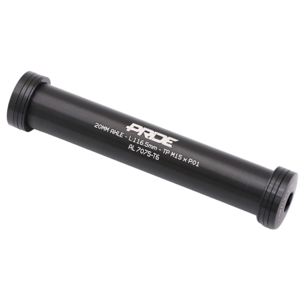The Pride 20mm X 116.5mm Axle + 6 Spacers is a black metal cylindrical rod, engraved with "PRIDE", features specifications for a 20mm axle, length of 116.5mm, thread pitch of M15 x P01, and made from AL-7075-T6.