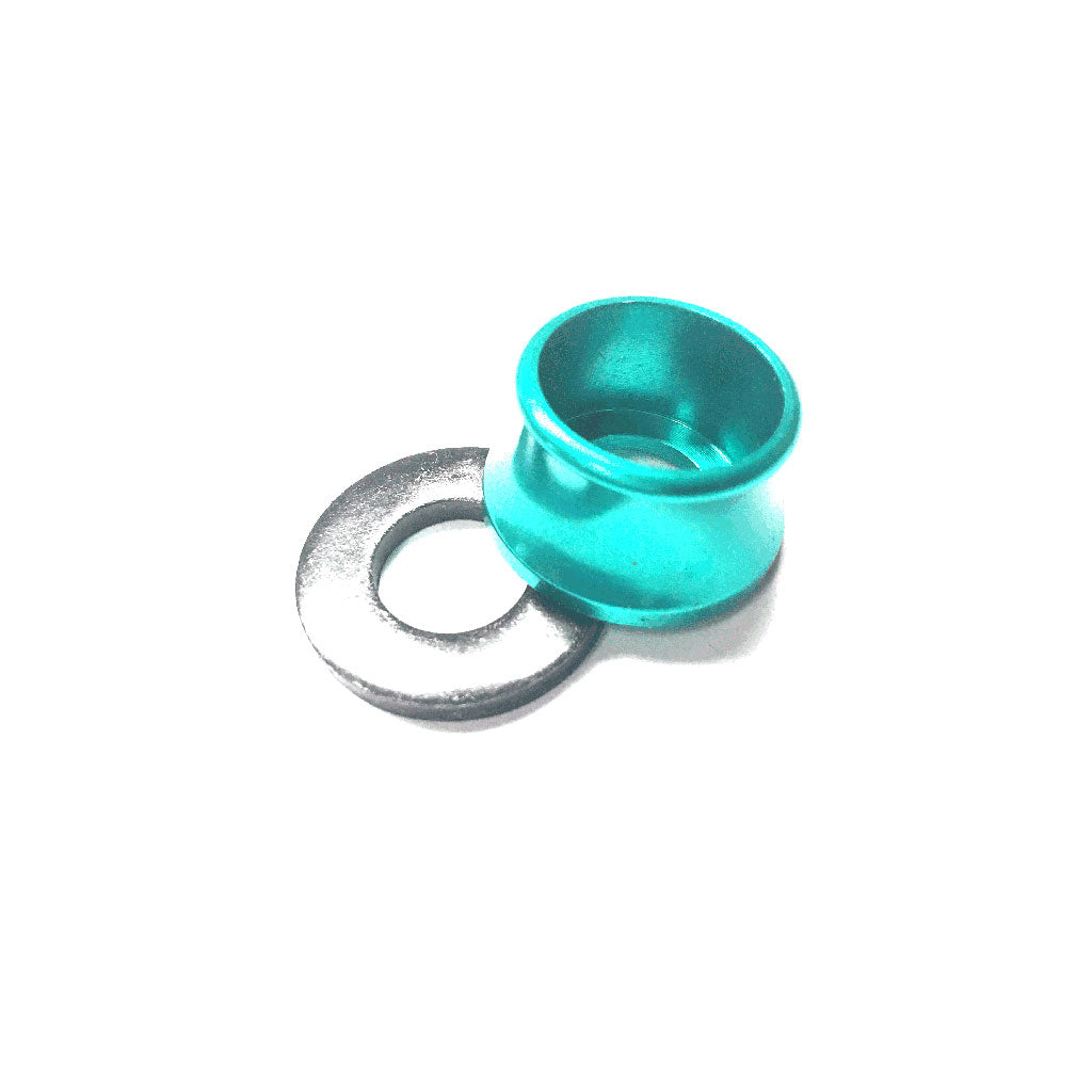 A teal metallic tunnel, with a design echoing the Profile Axle Volcano Washer Alloy-Steel, punctures next to an aluminum cone on a white backdrop.