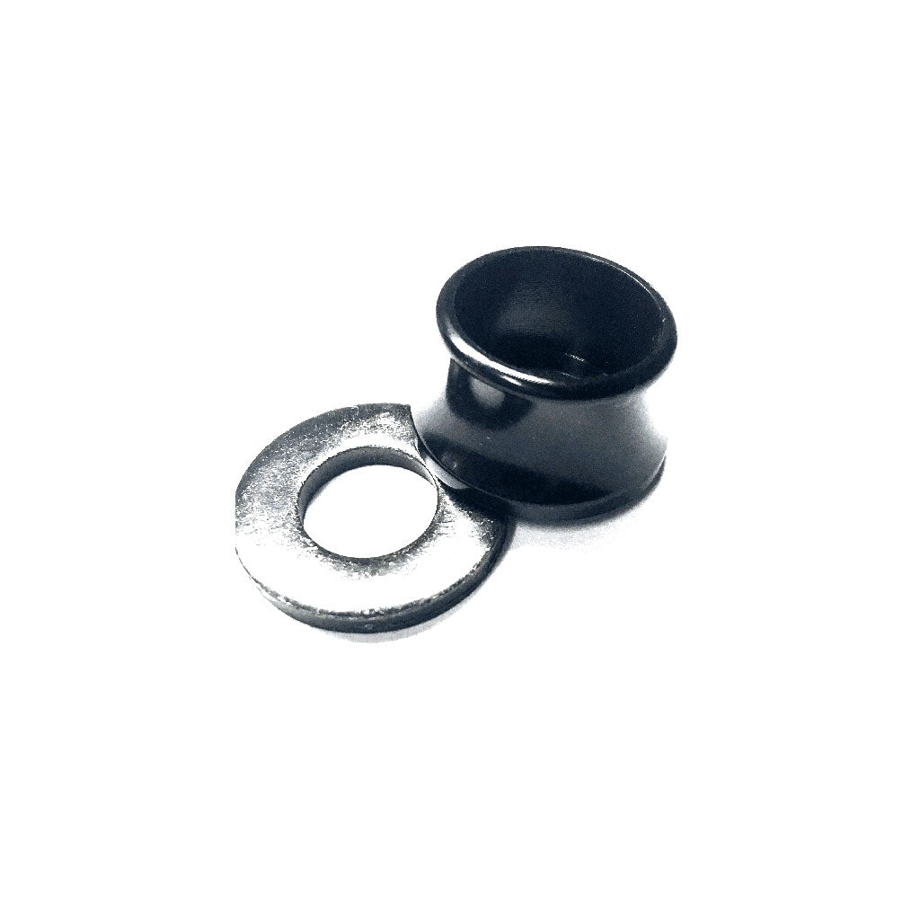 A black grommet with a separate silver washer on a white background, showcasing an aluminum finish similar to the Profile Axle Volcano Washer Alloy-Steel.