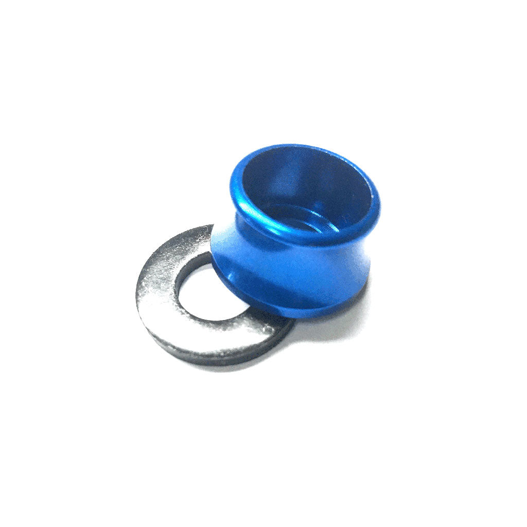 A blue aluminum Profile Axle Volcano Washer Alloy-Steel, with a separate silver washer, rests on a white background, evoking the precision typical of Profile Racing components.
