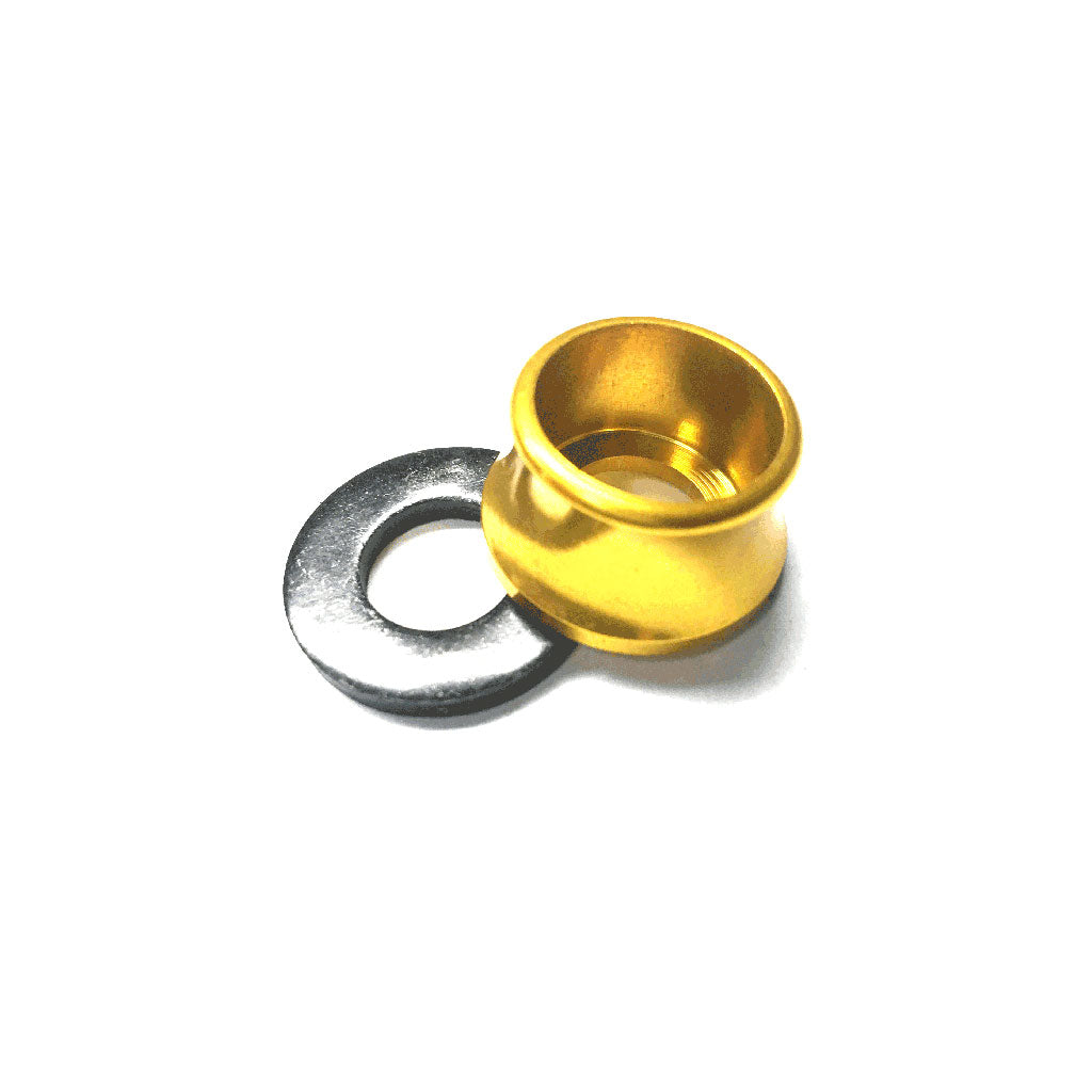 A Profile Axle Volcano Washer Alloy-Steel (each) in gray and a gold aluminum metal bushing rest on a white background.