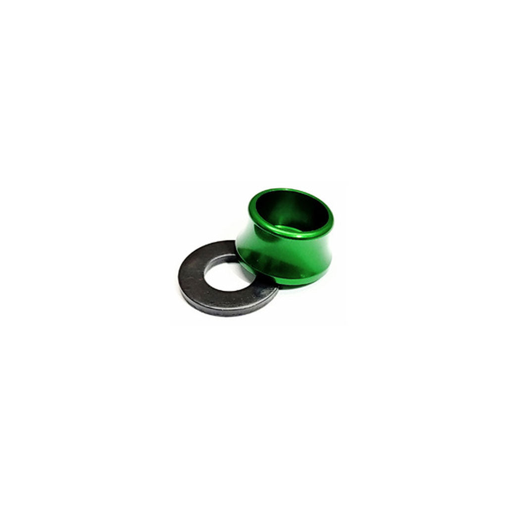 Profile Axle Volcano Washer Alloy-Steel next to a green aluminum metal spacer on a white background.