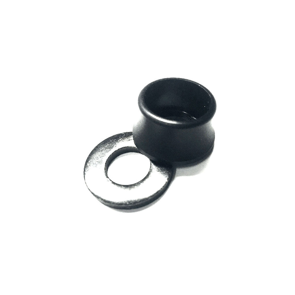 A black metal grommet with an attached washer ring, similar in precision to the Profile Axle Volcano Washer Alloy-Steel (each), isolated on a white background.