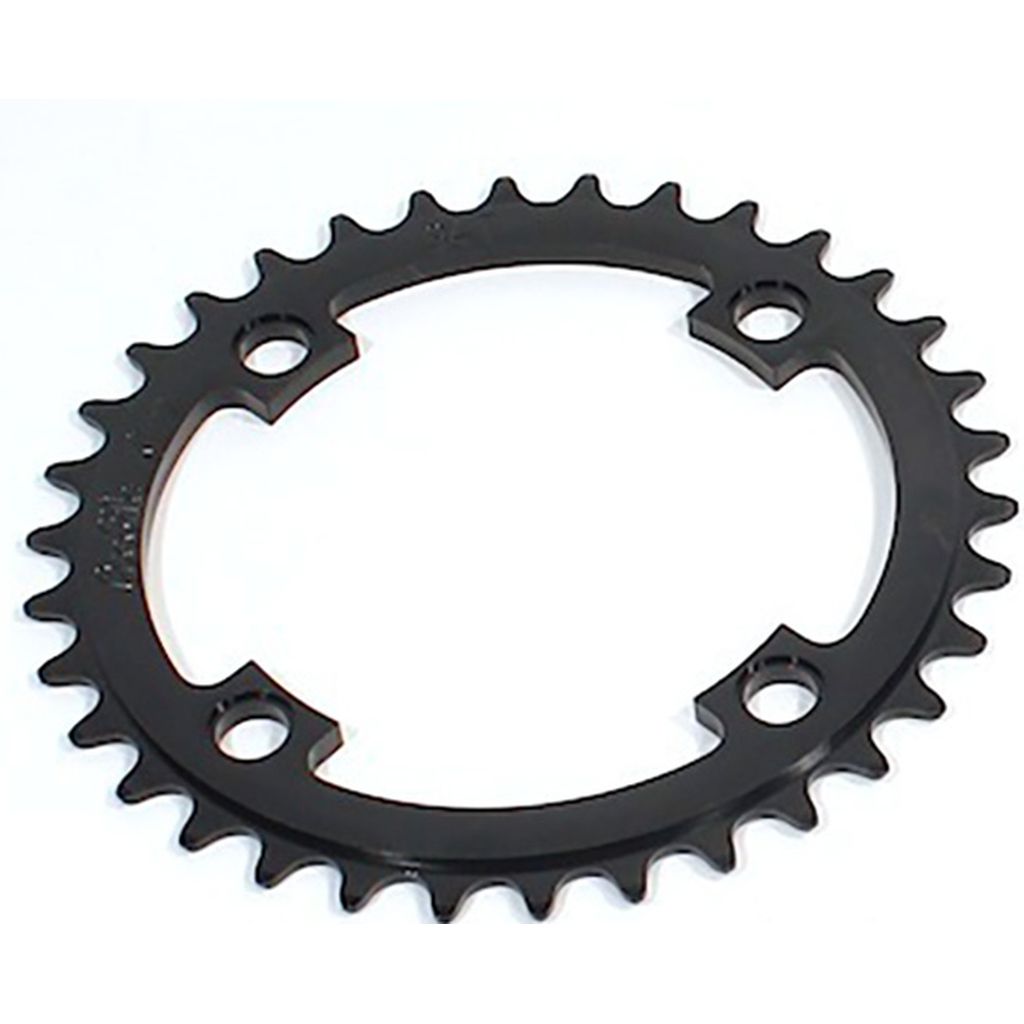 The Profile Elite 4 Bolt Chainring, CNC machined from 7075 aluminium, features a sleek black design with several teeth and four bolt holes arranged in a circular pattern.